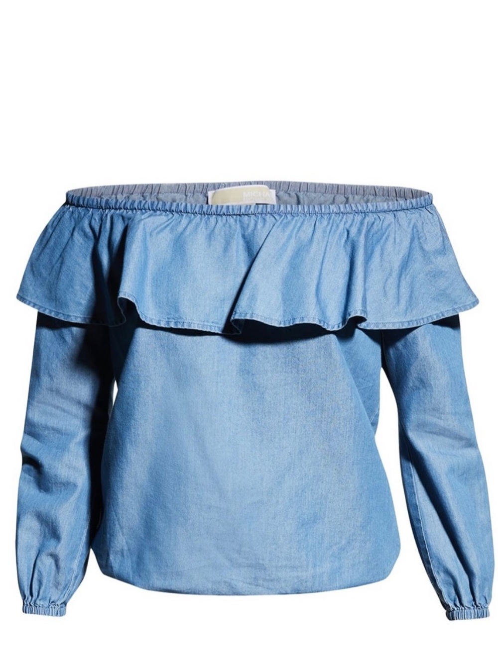 MICHAEL Michael Kors Light Blue Off-Shoulder Ruffle Denim Top women’s size L